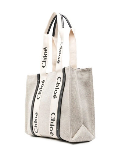 Chloé Woody Medium Canvas And Leather Tote Bag In Neutrals