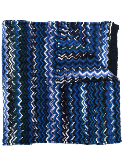 Shop Missoni Chevron-knit Wool Scarf In Blau
