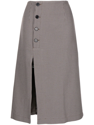 Rokh Houndstooth Midi Skirt With Button Detail In Braun