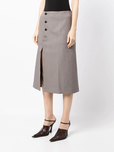 Rokh Houndstooth Midi Skirt With Button Detail In Braun