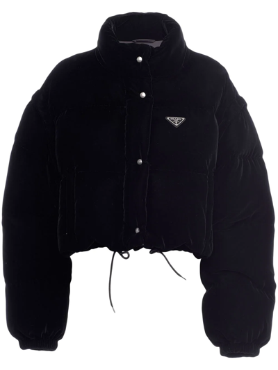 Prada Convertible Cropped Velvet Down Jacket In Schwarz