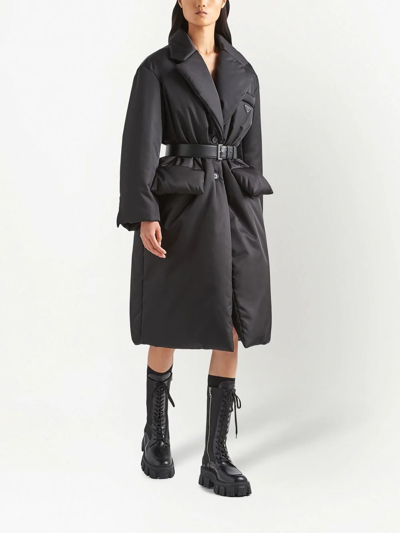 Shop Prada Re-nylon Belted Padded Coat In Schwarz