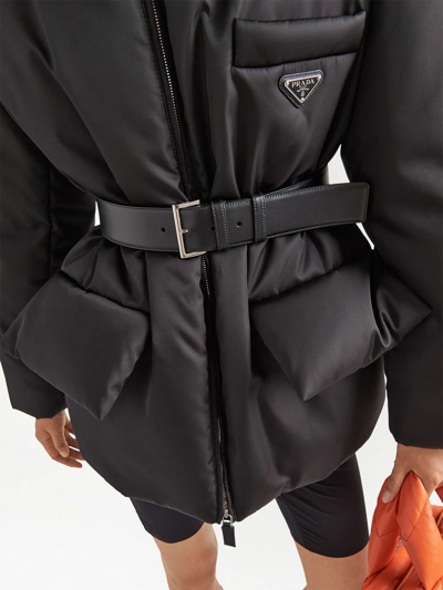 Prada Hooded Down Jacket With Belted Waist In Schwarz