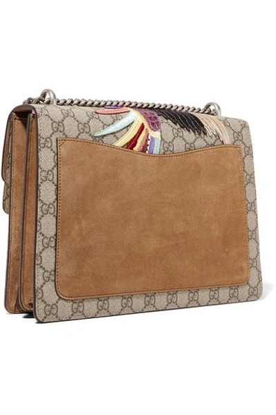 Shop Gucci Dionysus Medium Appliquéd Coated Canvas And Suede Shoulder Bag