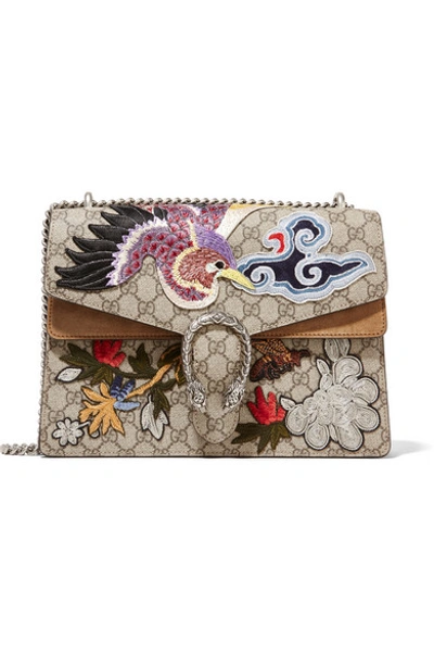 Shop Gucci Dionysus Medium Appliquéd Coated Canvas And Suede Shoulder Bag