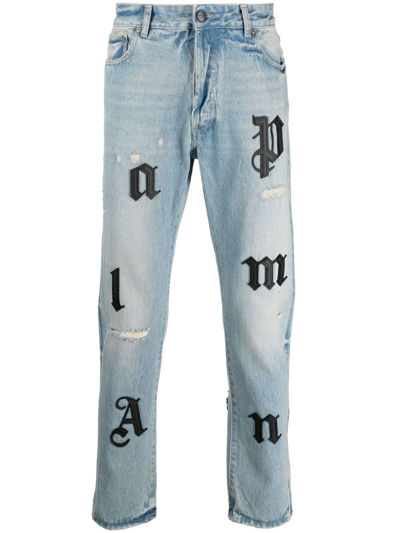 Shop Palm Angels Distressed Blue Straight-leg Jeans