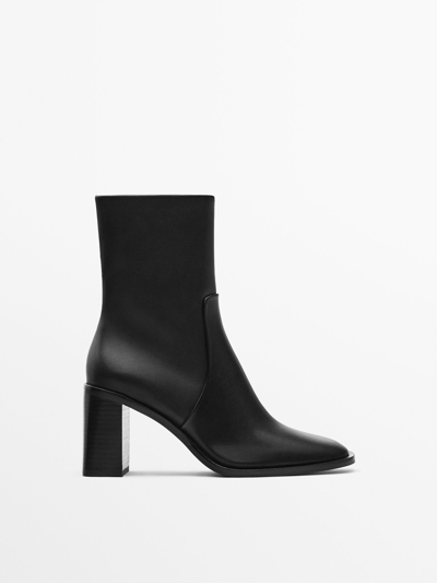 Shop Massimo Dutti Leather Ankle Boots With Block Heels In Black