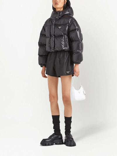 Prada Womens Black Logo-plaque Padded Cropped Shell-down Jacket In Black