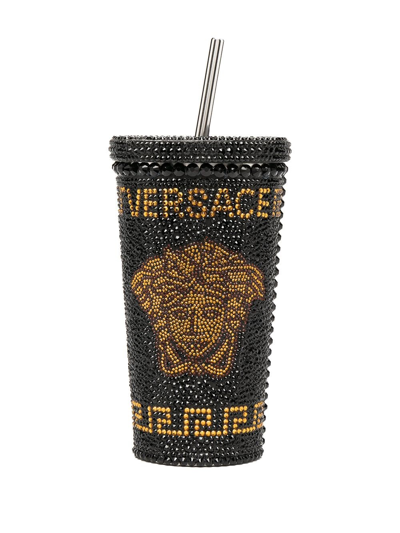Shop Versace Medusa Travel Mug With Crystals In Black