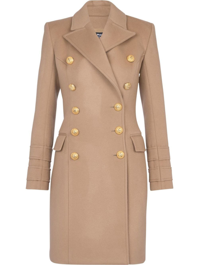 Shop Balmain Double-breasted Coat In Brown