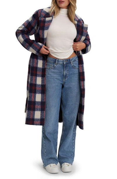 Noize Katja Vegan Wool Plaid Coat In Dress Blues