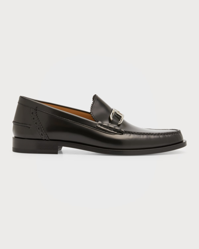 Shop Fendi Men's Mocassino Ff-logo Bit Strap Leather Loafers In Black