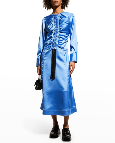 Shop Ganni Silk Ribbon-cinched Midi Dress In Granada Sky