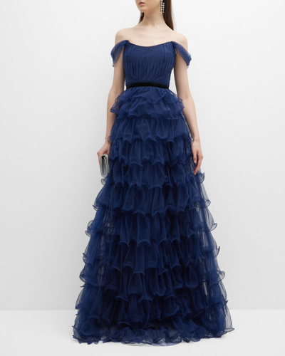 Shop Marchesa Notte Off-shoulder Pleated Ruffle Tulle Gown In Navy