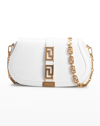 Shop Versace Greca Goddess Medium Leather Shoulder Bag In White/gold