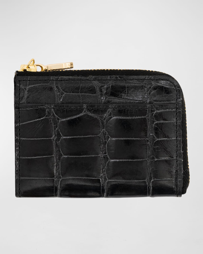 Shop Abas Men's Glazed Alligator Leather Zip Card Case In Jet Black