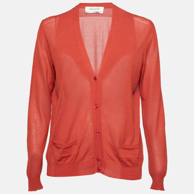 Pre-owned Saint Laurent Rust Orange Cotton & Silk Knit Button Front Cardigan L