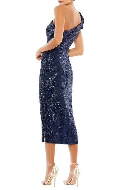 Shop Ieena For Mac Duggal Sequin Bow One-shoulder Sheath Dress In Midnight