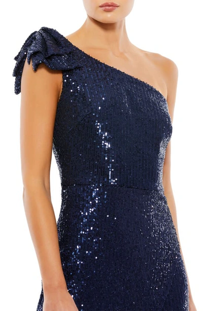 Shop Ieena For Mac Duggal Sequin Bow One-shoulder Sheath Dress In Midnight