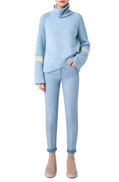 Shop Akris Colorblock Detail Cashmere Tweed Turtleneck Sweater In 171 Ice Blue
