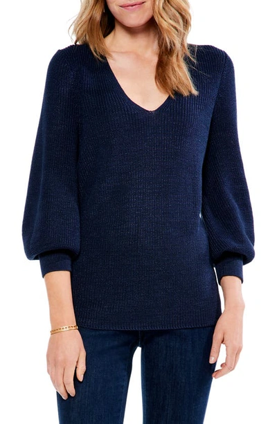 Shop Nic + Zoe Shaker Stitch Cotton Blend Crewneck Sweater In Black Indigo