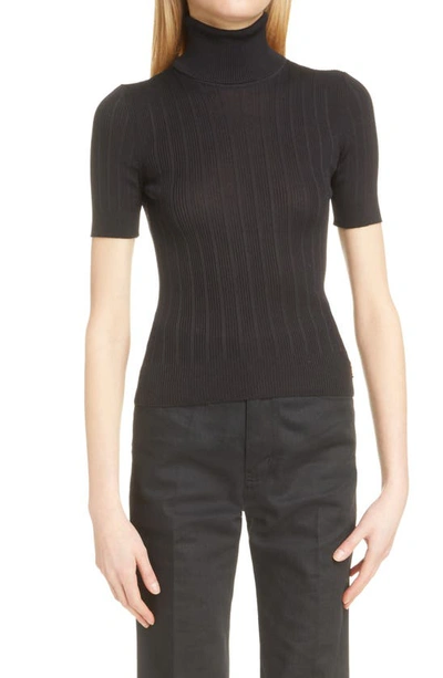 Shop Saint Laurent Silk Rib Turtleneck Sweater In Noir