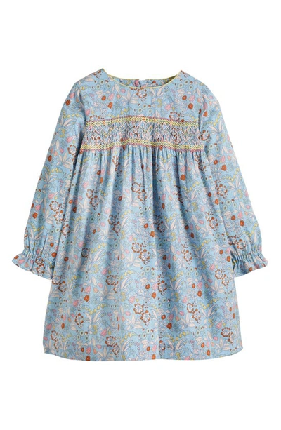Shop Mini Boden Kids' Long Sleeve Smocked Cotton Dress In Dusty Blue