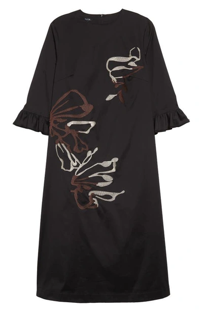 Shop Misook Floral Embroidered Midi Dress In Black/ Biscotti/ Mahogany
