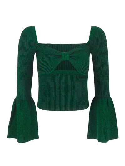 Self-portrait Lurex Knit Viscose Blend Top In Green
