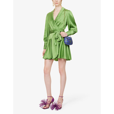 Shop Zimmermann Women's Olive Plunge-neck Wrap-over Silk Mini Dress