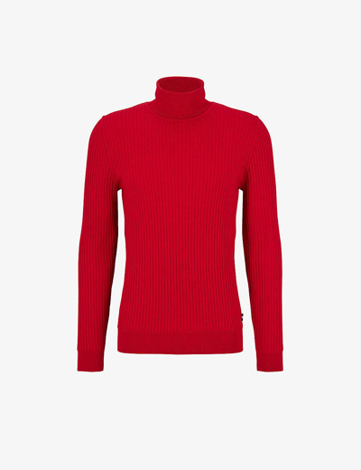 Shop Hugo Boss Boss Men's Bright Red Ribbed-detail Merino-wool Rollneck Jumper