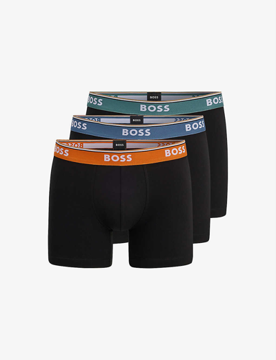 Shop Hugo Boss Boss Men's Black Cotton Pack Of Three Open Miscellaneous Logo Print Stretch Boxers, Size: M
