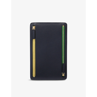 Smythson Panama Zip Crossgrain Leather Currency Case In Navy