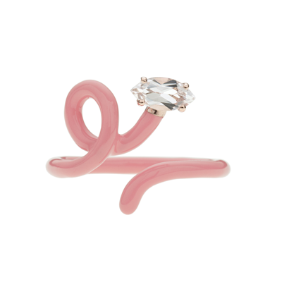 Shop Bea Bongiasca Baby Vine Tendril Ring With Marquise-cut Rock Crystal And Coral Pink Enamel In Black