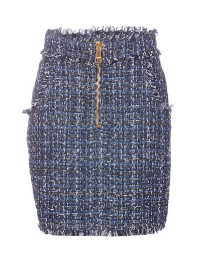 Shop Balmain High Waist Tweed Mini Skirt In Blue