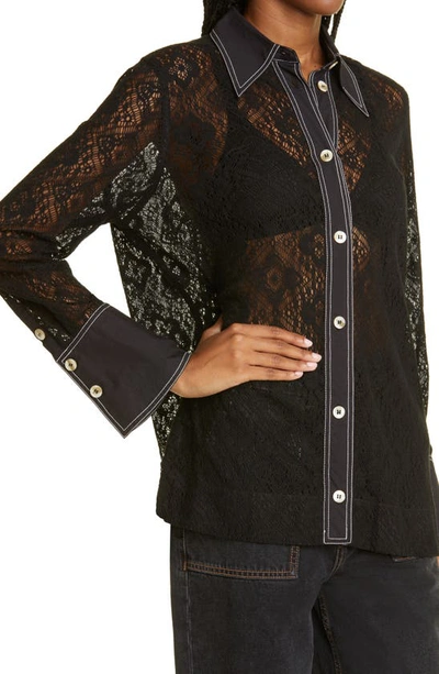 Shop Ganni Recycled Polyester Blend Lace Button-up Blouse In Black