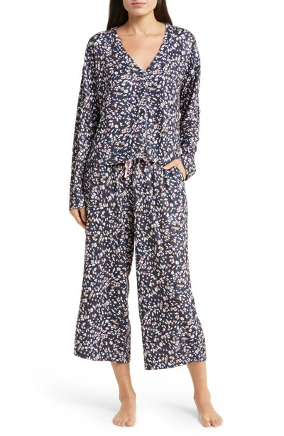 Shop Splendid Print Long Sleeve Crop Pajamas In Navy Multi Leo