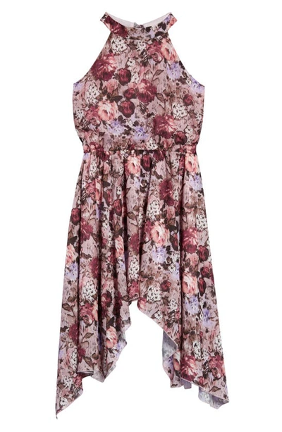 Shop Ava & Yelly Kids' Floral Chiffon Trapeze Dress In Mauve