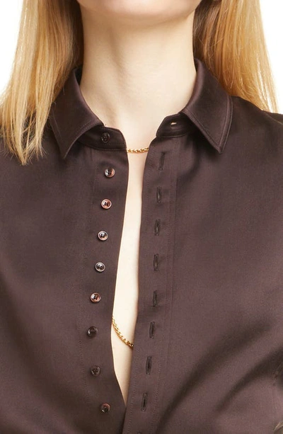 Shop Saint Laurent Slim Fit Silk Button-up Blouse In Chocolat