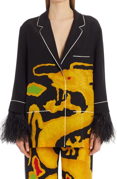 Shop Valentino Dragon Print Feather Trim Silk Button-up Shirt In K92 Nero Multicolor