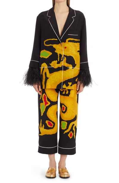 Shop Valentino Dragon Print Feather Trim Silk Button-up Shirt In K92 Nero Multicolor