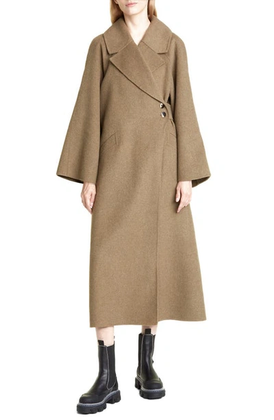 Shop Ganni Flare Sleeve Wool Blend Wrap Coat In Petrified Oak