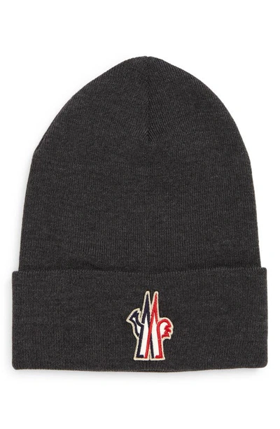 Shop Moncler Logo Patch Ribbed Virgin Wool Beanie In Grey