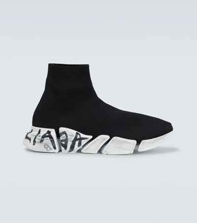 Shop Balenciaga Speed 2.0 Graffiti Sneakers In Black/white Grf Blac