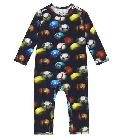 Shop Molo Baby Fenez Printed Jersey Onesie In Footballs Blue