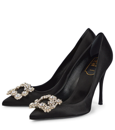 Roger Vivier 65 Crystal Flower Buckle Satin Pumps In Nero