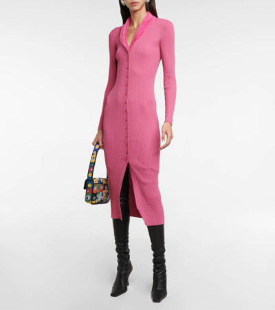 Shop Staud Celina Faux Fur-trimmed Midi Dress In Lollipop