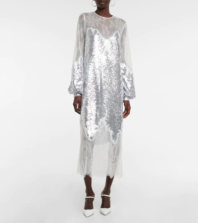 Costarellos Zahara Sequined And Lace Gown In Silver & Off White