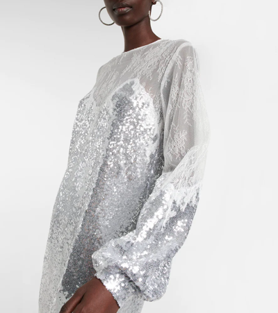 Costarellos Zahara Sequined And Lace Gown In Silver & Off White