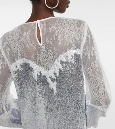 Costarellos Zahara Sequined And Lace Gown In Silver & Off White